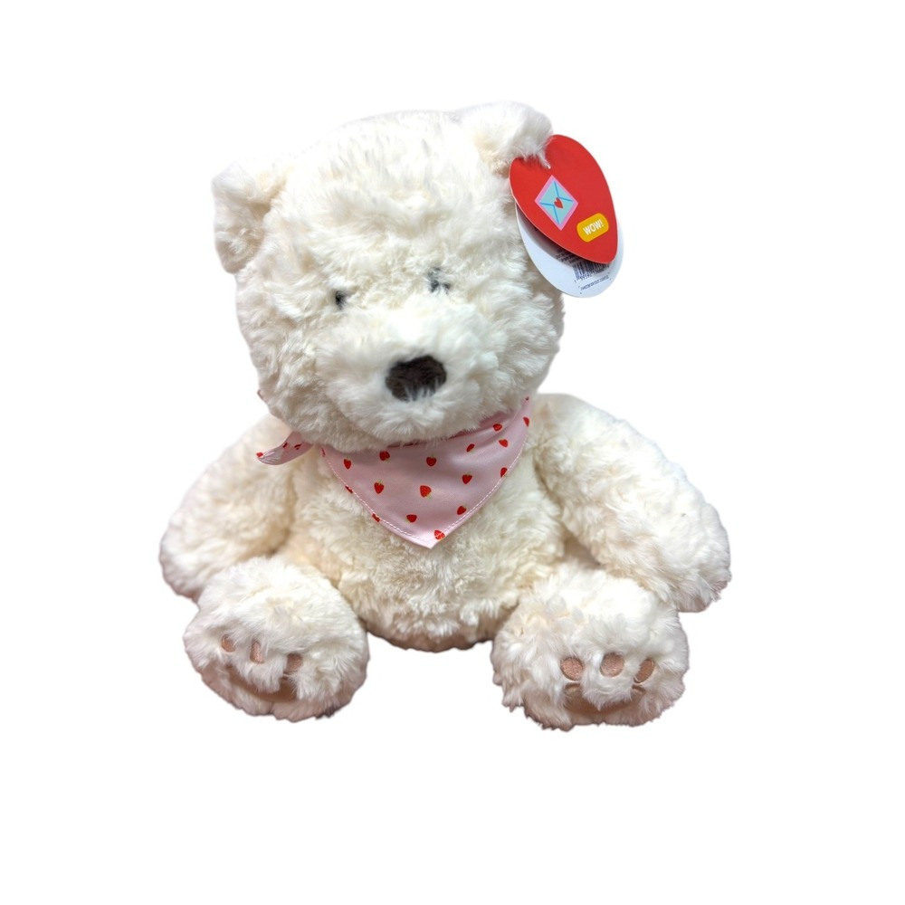 12 inch Giggle scape White Plush‎ Teddy Bear Pink Strawberry Bandana Valentine
